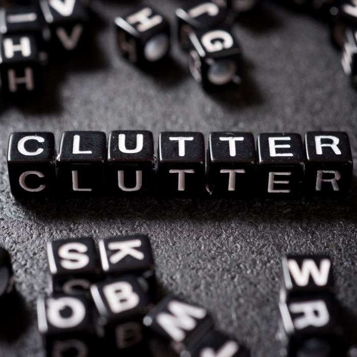 The word clutter made up our of letters on dice