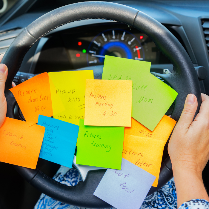 Steering wheel with post its for lists and time management