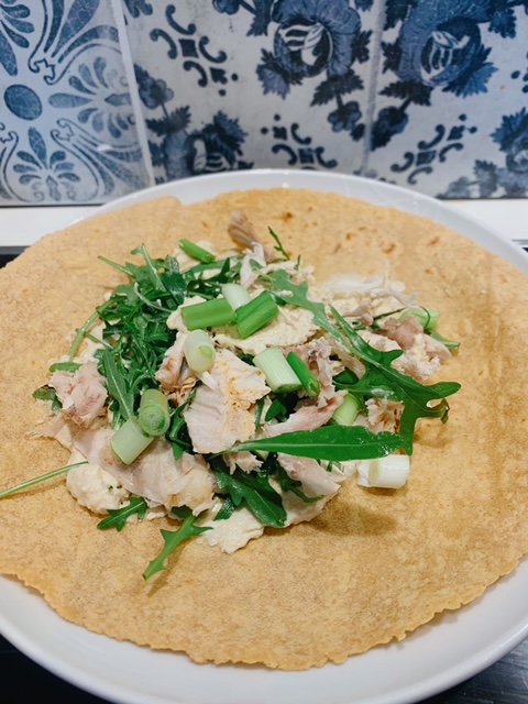 Chicken, rocket, spring onion & hummus in sweet potato wraps - one of the 6 simple lunches for busy mums