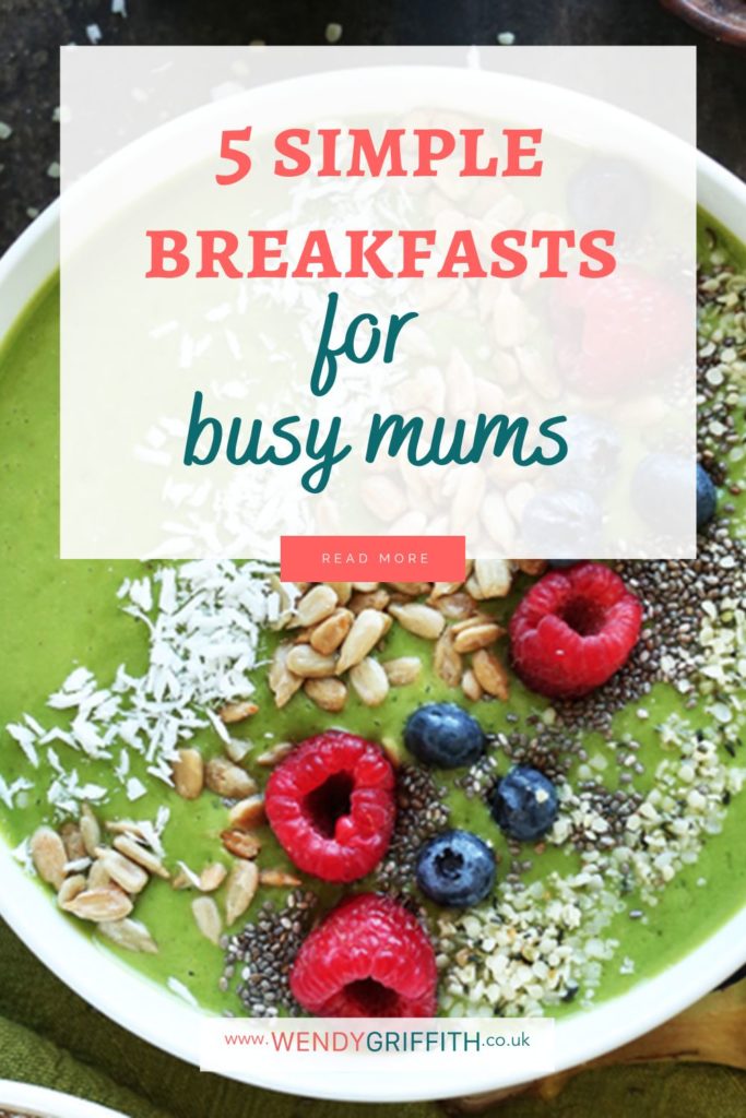 The pin's got a title: 5 simple breakfasts for busy mums (podcast). The image used as the background is a bowl of a thick healthy smoothie that consists of plant milk or water, greens, berries and protein. It is topped with sunflower seeds, coconut flakes, blueberries, raspberries and chia seeds.