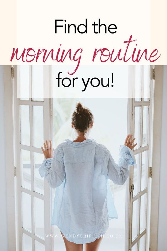 An image of a woman wearing a white linen oversized shirt opening French doors. This image was chosen because it suggest a start of the day, a morning, waking up... The pin is captioned: Find the morning routine for you, and it leads to a blog called The morning routine you desperately need in which there are tips and tricks about how to find and stick to your morning routine.