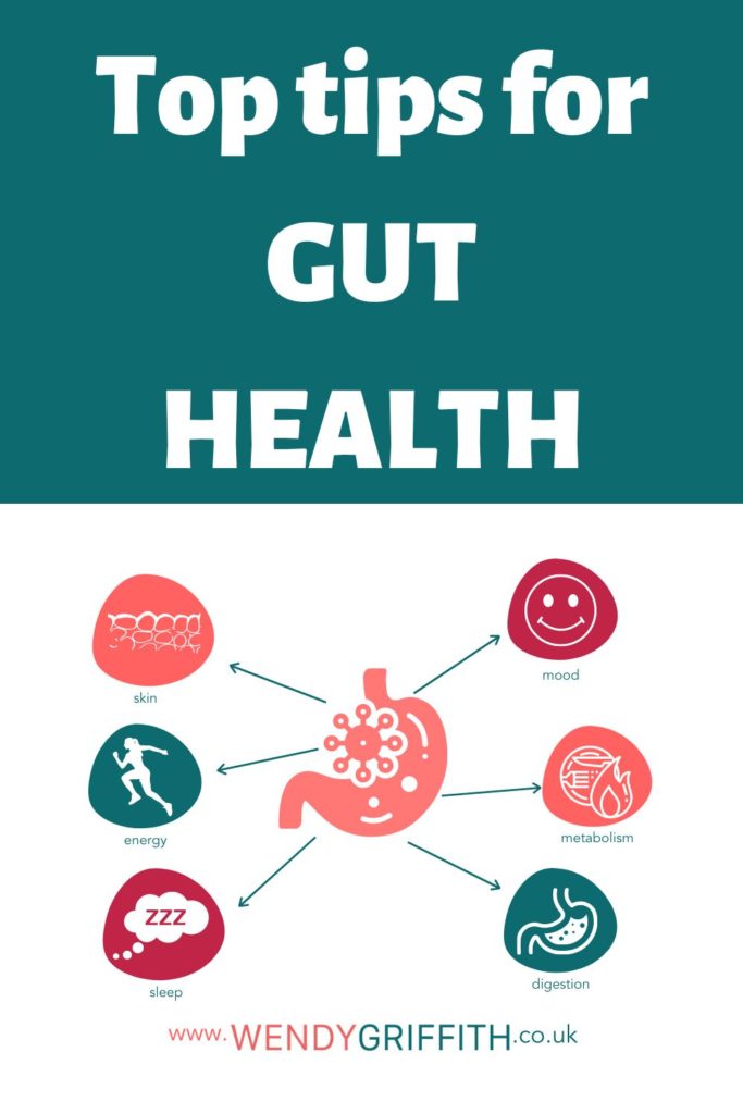 The image is with a caption that says: Top tips for gut health. Below the caption there is an illustration in the shape of an inforgraphic. In the centre is an image of the digestive system and it points to 6 different areas that good gut health influences. The good bacteria in the gut influence the following (as shown in the infographic): skin, energy levels, sleep, digestion, metabolism and mood.