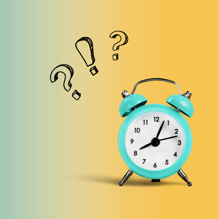 Perimenopause Symptoms Explained: a teal clock with exclamation and question marks to its side to mean asking if time for perimenopause has come