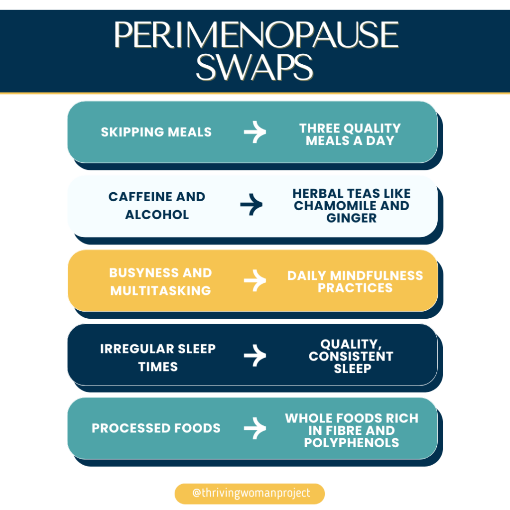Infographic showing five healthy lifestyle swaps for perimenopause: skipping meals swapped for three quality meals a day; caffeine and alcohol swapped for herbal teas like chamomile and ginger; busyness and multitasking swapped for daily mindfulness practices; irregular sleep times swapped for quality, consistent sleep; and processed foods swapped for whole foods rich in fibre and polyphenols. Branded with @thrivingwomanproject.